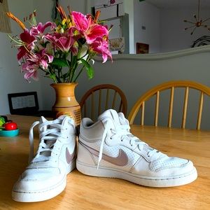 White Mid-Top Nike with slight pinkish silver swoosh size 7Y (Women's Size 8.5)